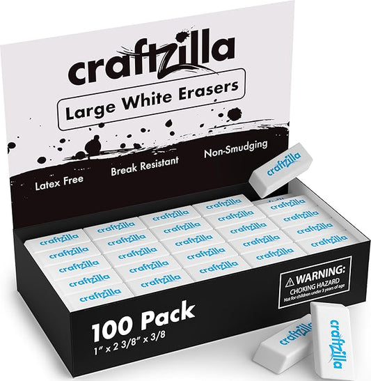 White Erasers Bulk 100 Pack - Large Latex- Free Bulk Erasers for Kids, Classroom, and School Supplies - Ideal for Pencils and Drawing - Borradores Escolares