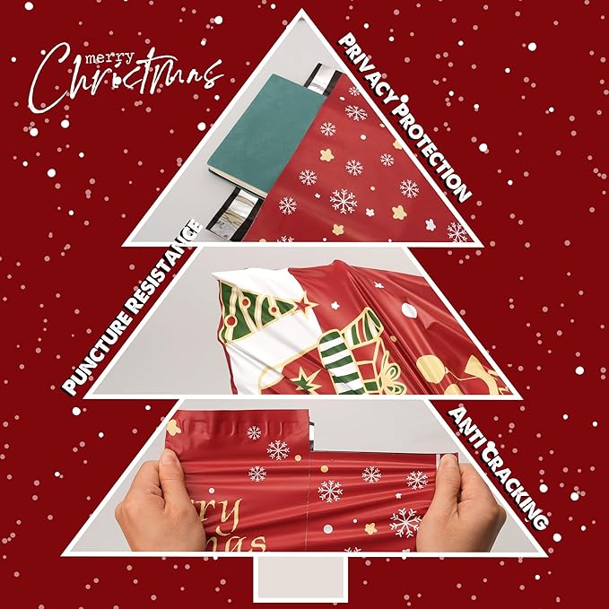 Christmas Poly Mailer 10x13 Inch 25 Pcs, Waterproof Shipping Bags for Clothing, Tear-Resistant Mailier, Strong Mailing With Self-Seal - Red Merry Christmas