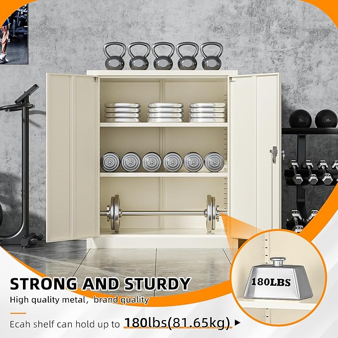 INTERGREAT Metal Cabinet with Lock, Lockable Metal Storage Cabinets with Doors and Shelves for Garage, Cream Grey Locking Garage Storage Cabinets 36"×32"×16"