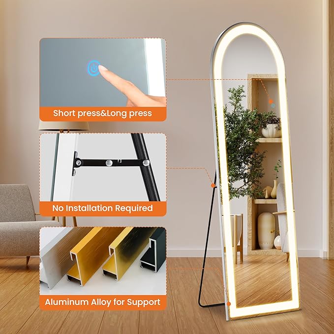 Arched Full Length Mirror with LED Lights, 60"x16" Floor Length Mirror with Stand, Body Floor Mirrors with Dimming & 3 Color Lighting, LED Mirrors for Bedroom, Dressing Room, Cloakroom