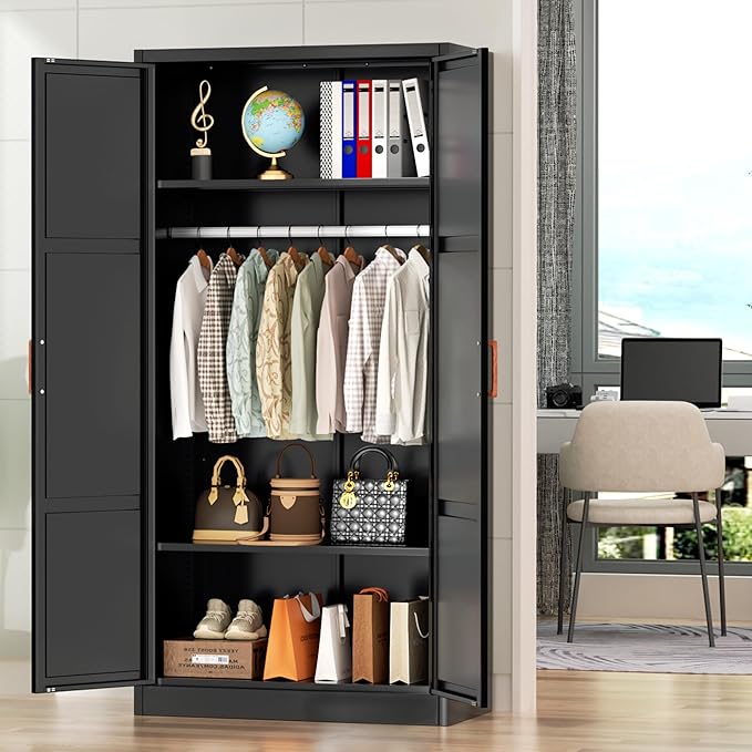 Greenvelly Metal Wardrobe Cabinet with Wooden Handle, 72" Black Metal Wardrobe Closet with Hanging Rods and Adjustable Shelves, Clothing Storage Closet Cabinet for Home, Office, Employee, Gym
