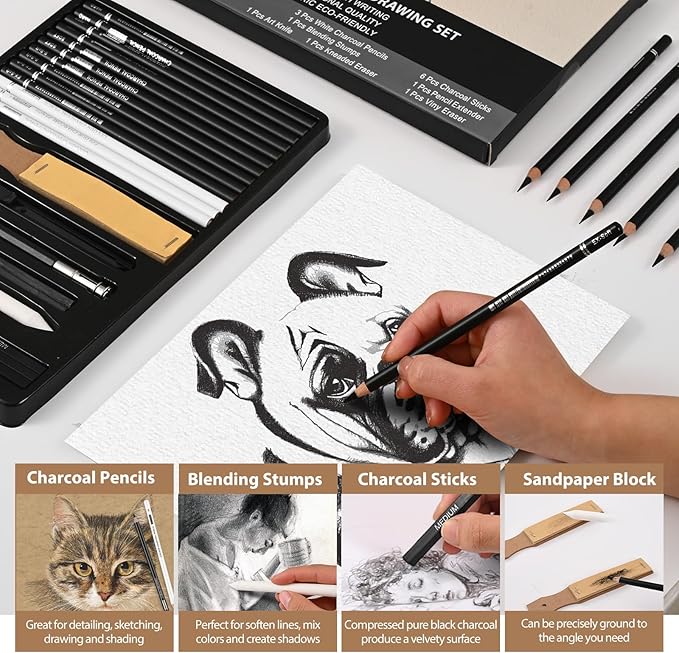 27 Piece Charcoal Drawing Set - Professional Black & White Charcoal Pencils for Sketching, Shading & Blending, Graphite Sticks with Artist Art Supplies Kit (Beginners & Professionals)