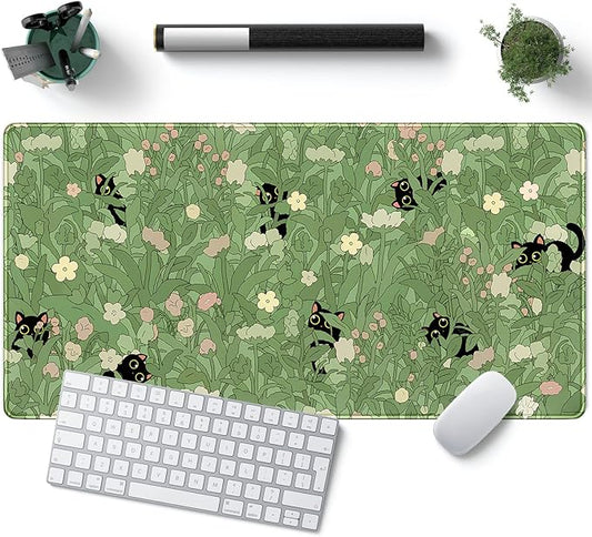 Green Desk Mat XL Cat Cute Plant Cool Desk Pad Keyboard Mat Kawaii Black Cat Flower Mouse Pad Green Desk Mat Desk Decor with Stitched Edges Non-Slip Large Computer Mat 31.5x15.7in