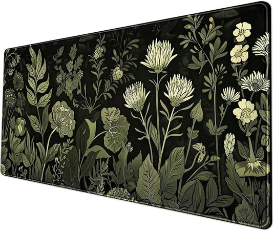 Sage Green Floral Black Plant Desk Pad Retro Aesthetics Mouse Pad Large Gaming Mouse Mat for Office Computer Keyboard Laptop Home with Stitched Edges,Non-Slip Base 31.5 X 11.8 in