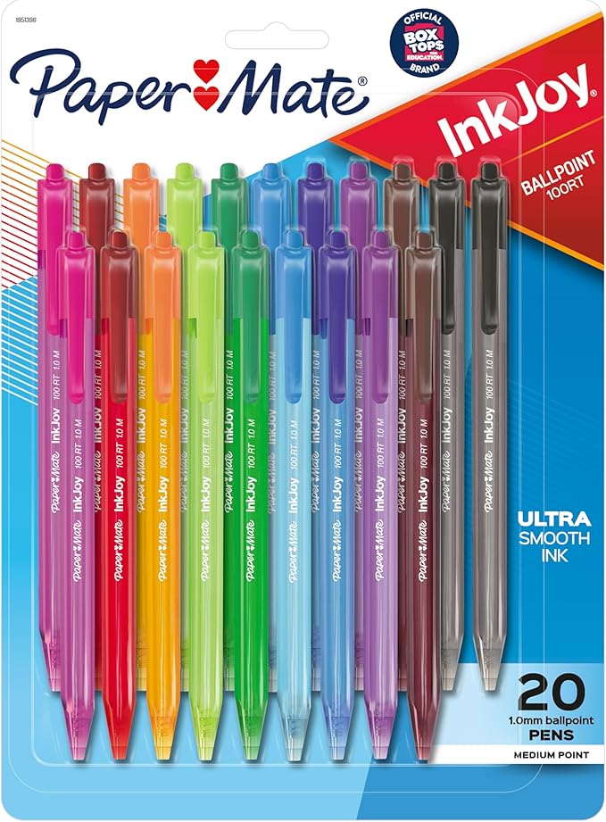 Paper Mate InkJoy 100RT Retractable Ballpoint Pens, Medium Point (1.0mm), Assorted, 20 Count