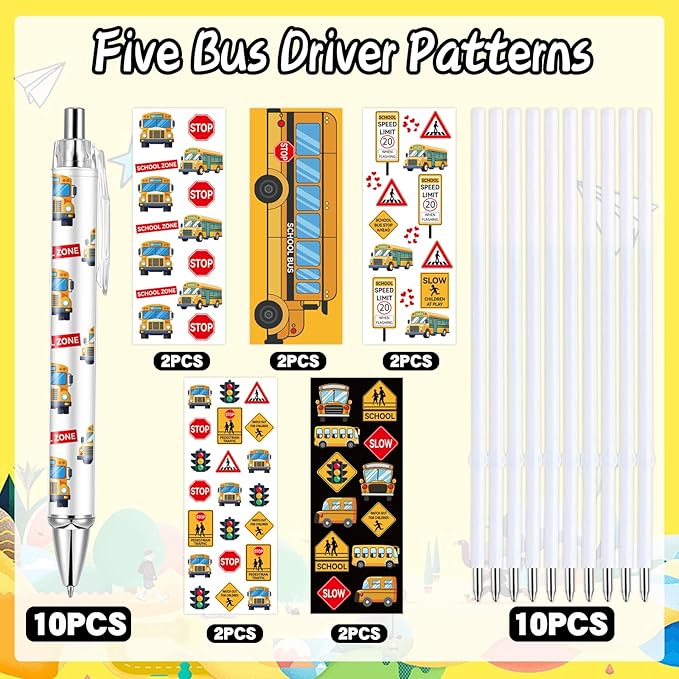 10 PCS School Bus Pens Bulk, Back To School Supplies Pens Teachers Pen with 1mm Black Ink Replaceable Ballpoint Pen Refill for Men Women Office Supplies (Bus Driver)