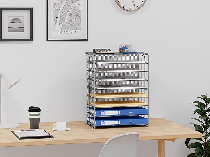 EasyPAG Mesh Desk Filer Organizer Tray 8 Slot Office Desk Paper Storage Organizer for A4 / Letter Sizer Floder, Silver