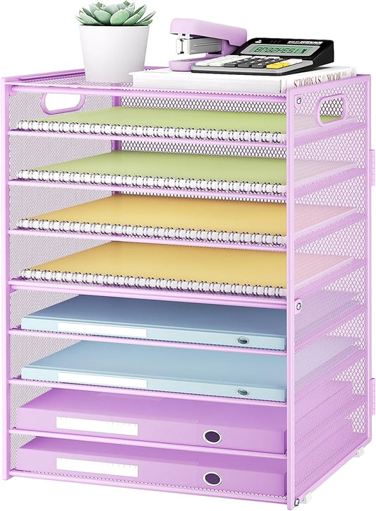 SUBEKYU 9 Tier Paper Letter Tray Desk Organizer with Handles - Purple Metal Mesh File Holder Paper Sorter Desk Organizer for Office Home School, Include 6 Pcs Adjustable Slid Tray, 6 Colors Available