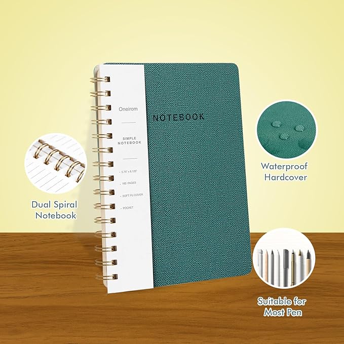Lined Spiral Notebook College Ruled A5 Journal Book for Note Taking, 160 Pages Writing Journal for Office and Home School Supplies 5.75 x 8.125 inch (6pack-3Green/3Black)