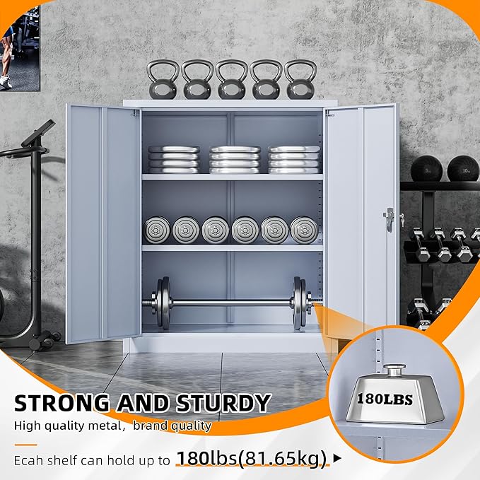 INTERGREAT Metal Cabinet with Lock, Lockable Metal Storage Cabinets with Doors and Shelves for Garage, Cement Grey Locking Garage Storage Cabinets 36"×32"×16"