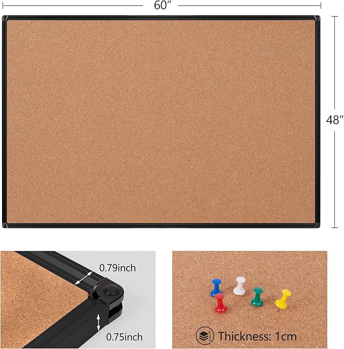 Board2by Extra Large Cork Bulletin Board 60" X 48", Black Aluminum Framed 5'x4' Corkboard for Wall, Wall Mounted Notice Pin Board with 18 Push Pins for School, Home & Office