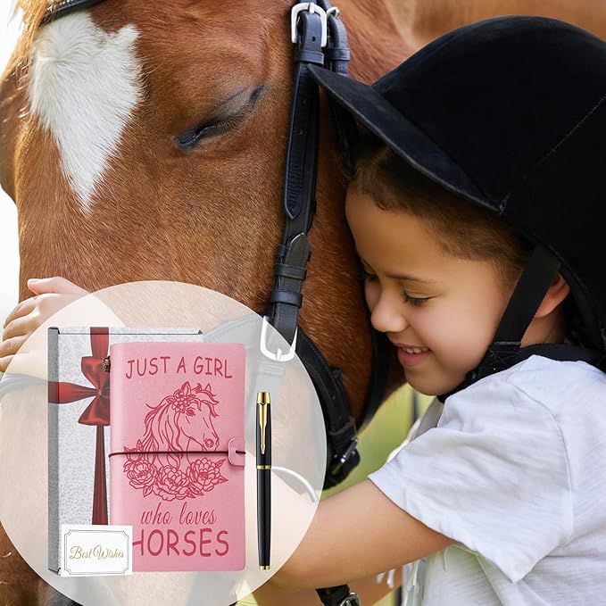 Just A Girl Who Loves Horses Leather Notebook Journal with Pen, Horse Stuff Horse Gifts for Girls Horse Lovers, Leather Refillable Notebook, Sketchbook, Travel Diary