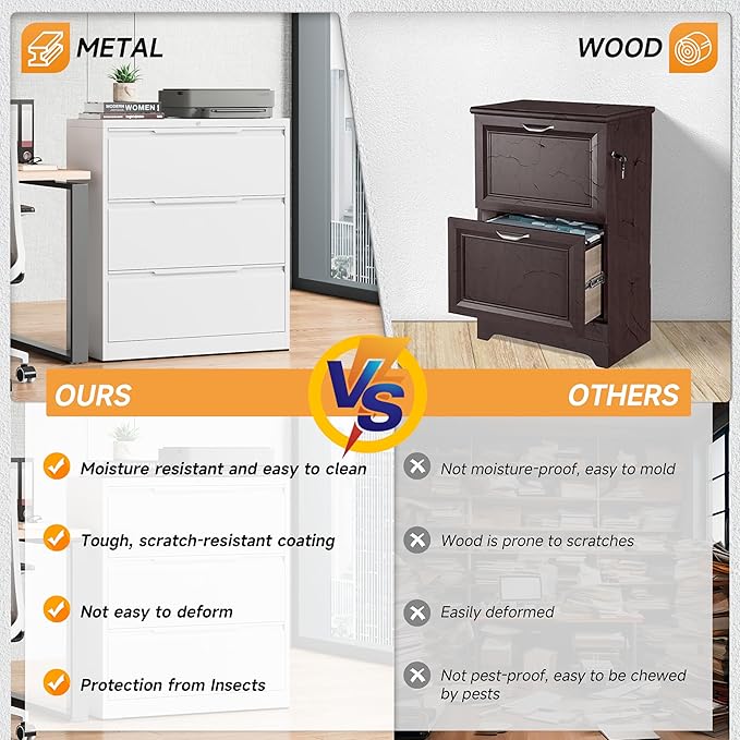 Bestoo Lateral File Cabinet with Lock, 3 Drawer Lateral Filing Cabinet for Office Home, Locking Metal Steel Wide for Hanging Files Letter/Legal/F4/A4 Size, Easy Assemble White