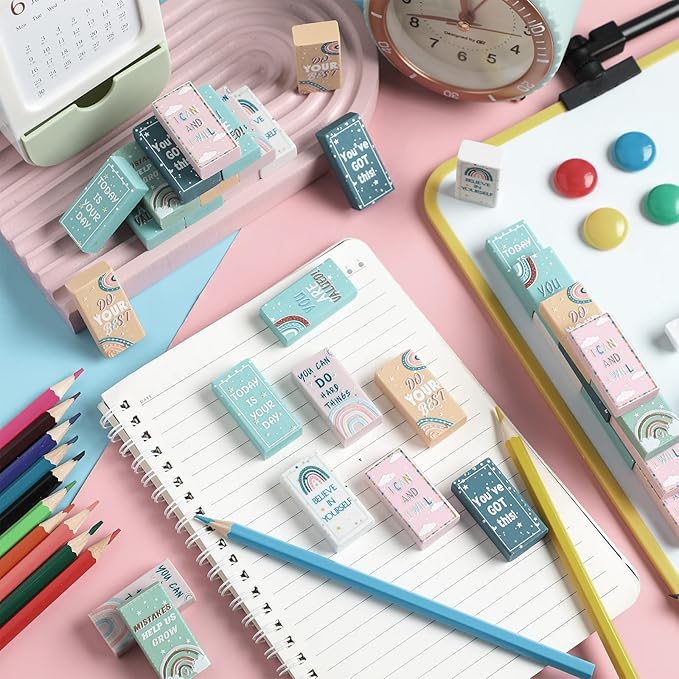 200 Pcs Back to School Inspirational Erasers Bulk Gifts Boho Everyone is Welcome Classroom Decor Fun Rainbow Motivational Pencil Erasers for Classroom Office Teacher Artists Prize Reward