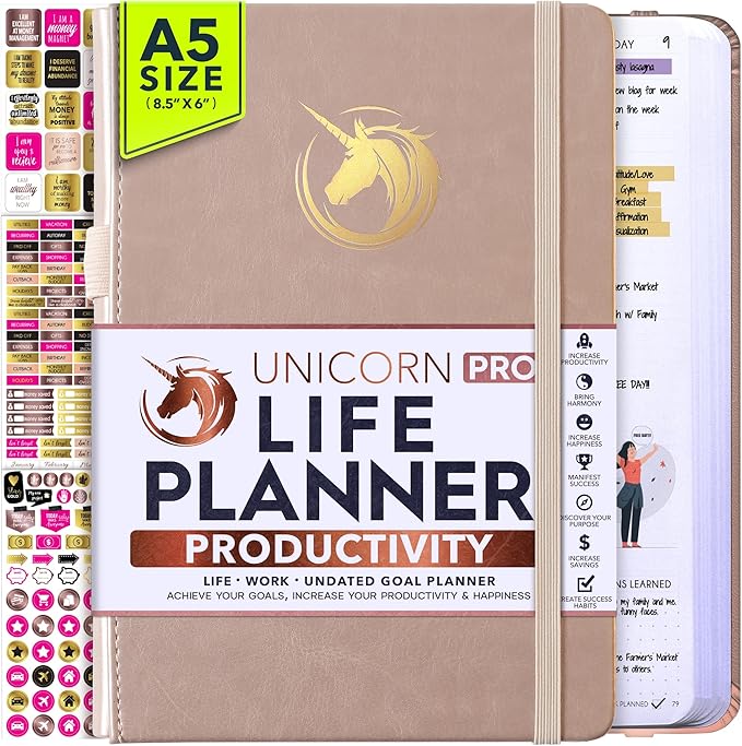 Life Planner - Undated Daily, Weekly & Monthly Planner with Budget Section | A 12 Month Journey to Increase Productivity & Happiness | Life Organizer & Gratitude Journal - Horizontal Format
