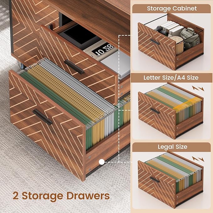 SEDETA 71" Executive Desk with Rolling File Cabinet, Large Office Desk with Drawers, L Shaped Computer Desk with Power Outlets, CPU Stand, Pegboard and Storage Shelves, Brown