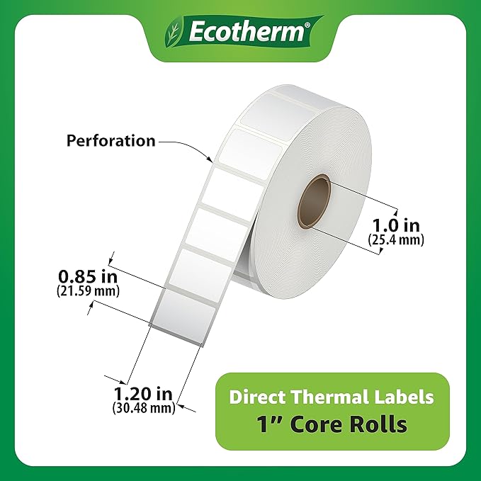 1.2" x .85" Thermal Labels | 4 Rolls | 8800 Labels | fits Zebra, Godex, Arkscan, iDPRT, Offnova Thermal Label Printers and More | Blank White Adhesive Stickers by Ecotherm
