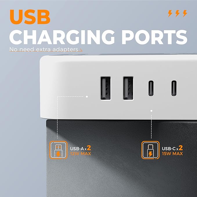 TESSAN Extension Cord 10 ft Surge Protector Power Strip, 12 Outlet Extender with 4 USB (2 USB C), 1800 Joules Protection, Flat Plug, Flat Extension Cord with Multiple Outlets, for Home, Office, Dorm