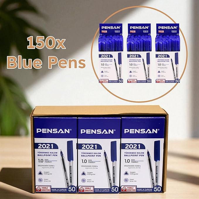 Blue Ballpoint Pens,1.0 mm Medium Point, Blue Pens, Ergonomic Triangle Grip, Smooth Writing, 150-Count Pack of Bulk Pens