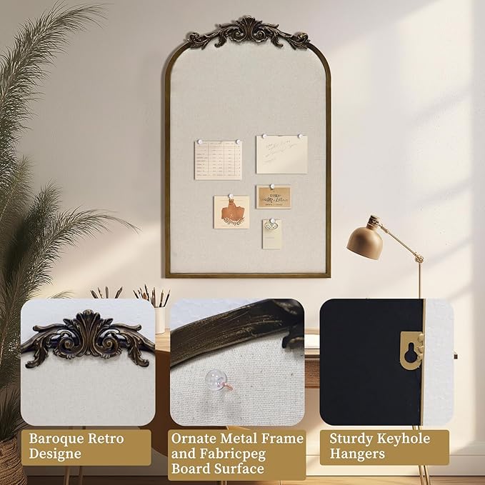 Arch Fabric Pinboard, Antique Gold Bulletin Boards 19"x31", Vintage Cork Board with Ornate Iron Frame for Wall Unique Display, Organization and Decor Options