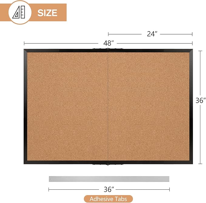 Board2by Cork Board Bulletin Board 36 x 48, Black Wood Framed 4x3 Corkboard, Foldable Office Board for Wall Decor, Large Wall Mounted Notice Pin Board with 36 Push Pins for School, Home & Office