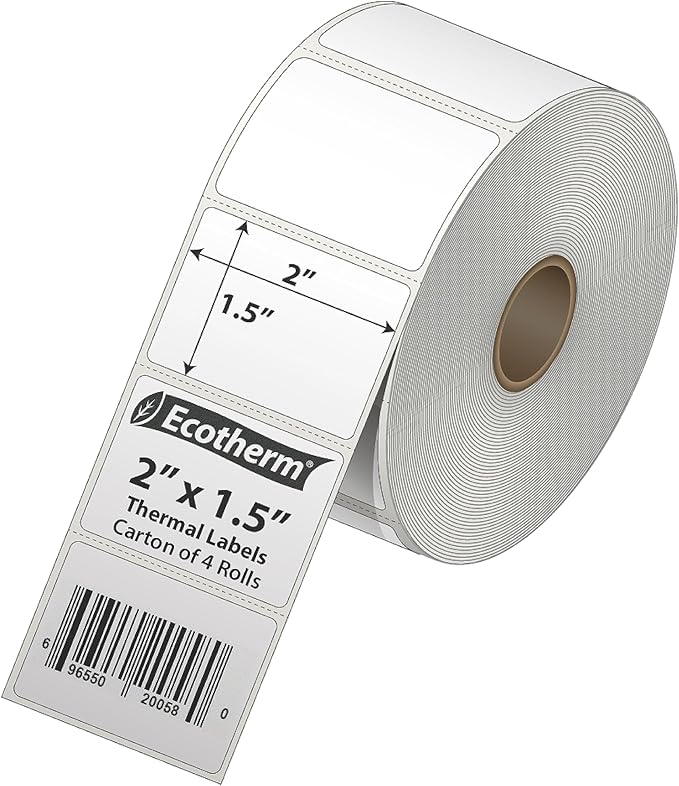 2" x 1.5" Thermal Labels | 4 Rolls | 5280 Labels | fits Zebra, Munbyn, Rollo, Godex, Arkscan, iDPRT, Offnova Thermal Label Printers and More | Blank White Adhesive Stickers by Ecotherm