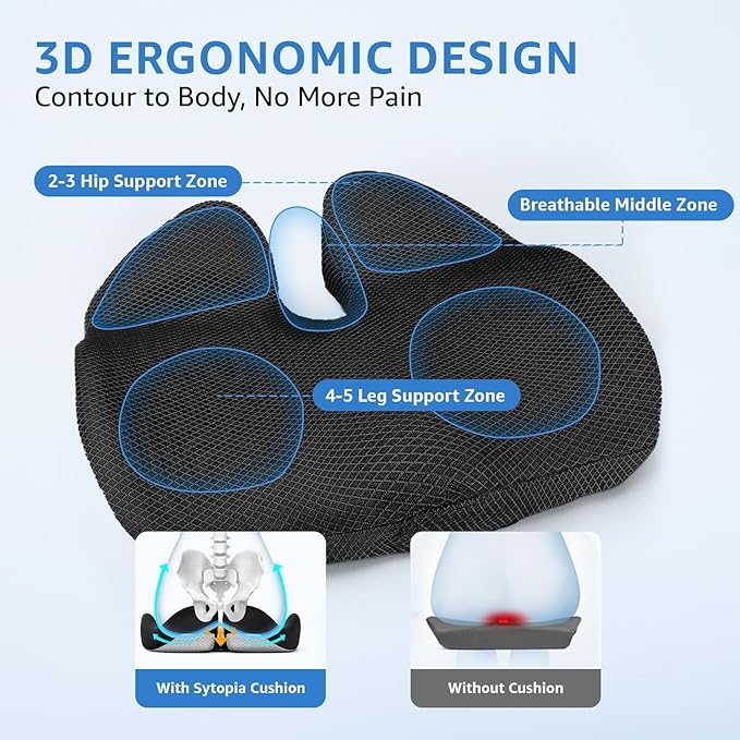 Extra Large Office Chair Cushion, 19" x 17" Ergonomic Memory Foam Seat Cushion for Tailbone, Back, Sciatica & Hip Pain Relief, Booster Pad for Sitting & Driving, Removable Washable Cover, Black