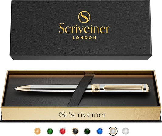 Scriveiner Silver Chrome Ballpoint Pen - Stunning Luxury Pen, Real Gold Plating, Schmidt Black Refill, Best Ball Pen Gift Set for Men & Women, Professional, Executive, Office, Nice, Fancy Pens