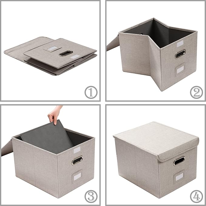 PRANDOM File Organizer Box - Set of 2 Collapsible Decorative Linen Filing Storage Hanging File Folders with Lids Office Cabinet Letter Size Light Grey (15x12.2x10.75 inch)