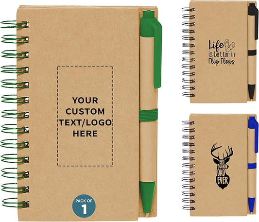 DISCOUNT PROMOS Custom Mini Spiral Notebooks with Black Ink Pens Set of 1, Personalized Bulk Pack - Perfect for Office, Business, Home - Green