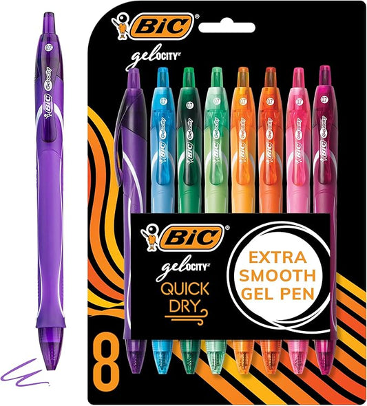 BIC Gelocity Quick Dry Assorted Colors Gel Pens, Medium Point (0.7mm), 8-Count Pack, Retractable Gel Pens With Comfortable Full Grip