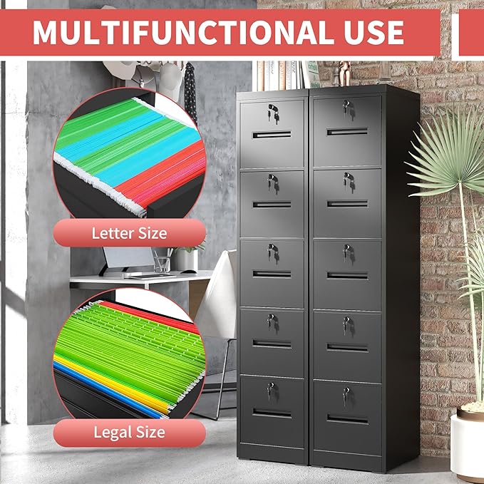 5 Drawer Metal File Cabinet with 5 Unique Locks Heavy Duty Locking File Cabinets Home Office Steel Filing Cabinet Vertical File Cabinets for Legal/Letter Size File,Assembly Required