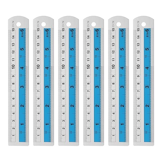 HARFINGTON 6pcs Metal Straight Ruler 15cm Metric SAE Aluminum Alloy Measuring Rulers Scale Tools with Hole for Measure Study Reading Classroom Office, Blue