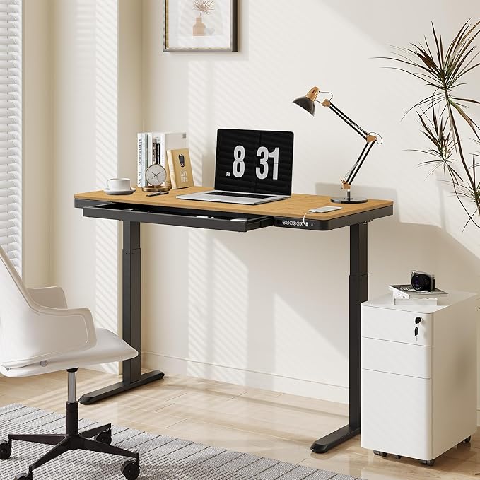 FLEXISPOT Comhar Electric Standing Desk with Drawer Desktop & Adjustable Frame w/USB Charge Ports (Bamboo Texture/Black, Wood)