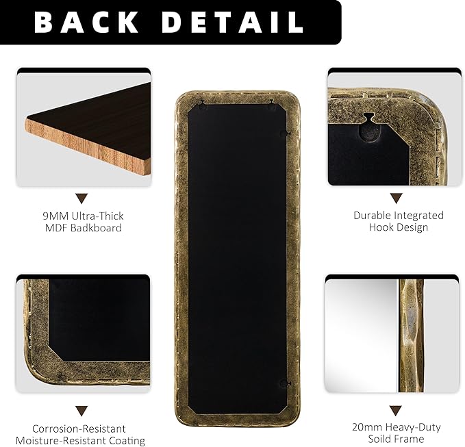 BEGINS 18" x 48" Hand-Forged Vintage Full-Length Mirror, Wall-Leaning or Wall-Mounted Design, 20mm Solid Steel Frame, 9mm Anti-Corrosion Back Panel, Suitable for Bedroom or Cloakroom