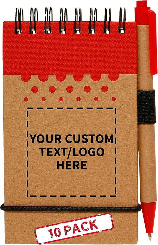 DISCOUNT PROMOS 10 Recyclable Spiral Small Notebooks Pack - Customizable Text, Logo - 60 Lined Pages - Red
