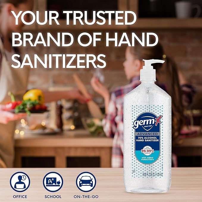 Germ-X Advanced Hand Sanitizer, Non-Drying Moisturizing Clear Gel, Instant and No Rinse Formula, Large Family Size Pump Bottle, Back to School Supplies, 34 Fl Oz (1 Liter)