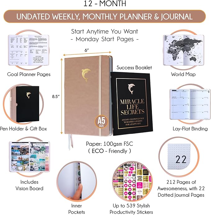Life Planner - Gratitude Journal for Men & Women | Daily, Weekly & Monthly Planner with Budget Section, Time Blocking, Habit Tracker for Peace of Mind Planning to Increase Productivity & Happiness