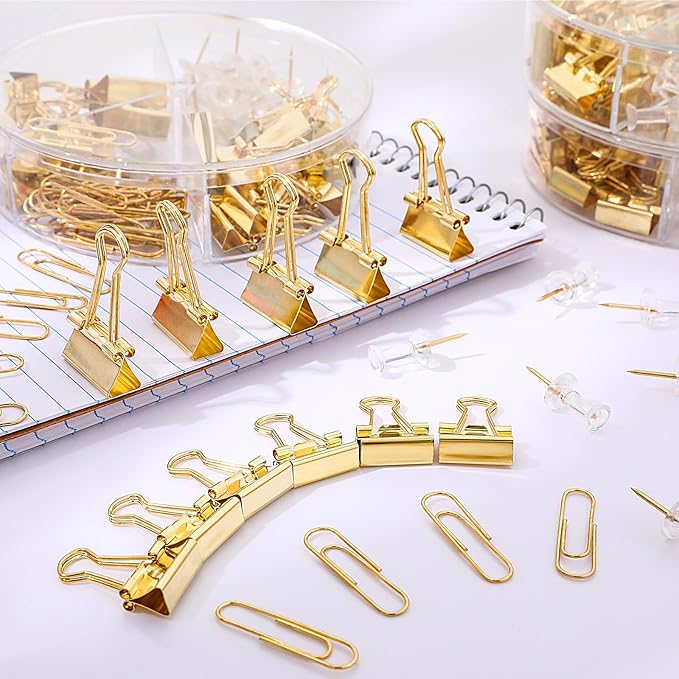 1560 Pcs Paper Clips and Binder Clips Assorted Sizes, Large Medium Small Binder Clip Paperclips Thumb Tacks, College Supplies Home Office Supplies Document Organizing(Gold)