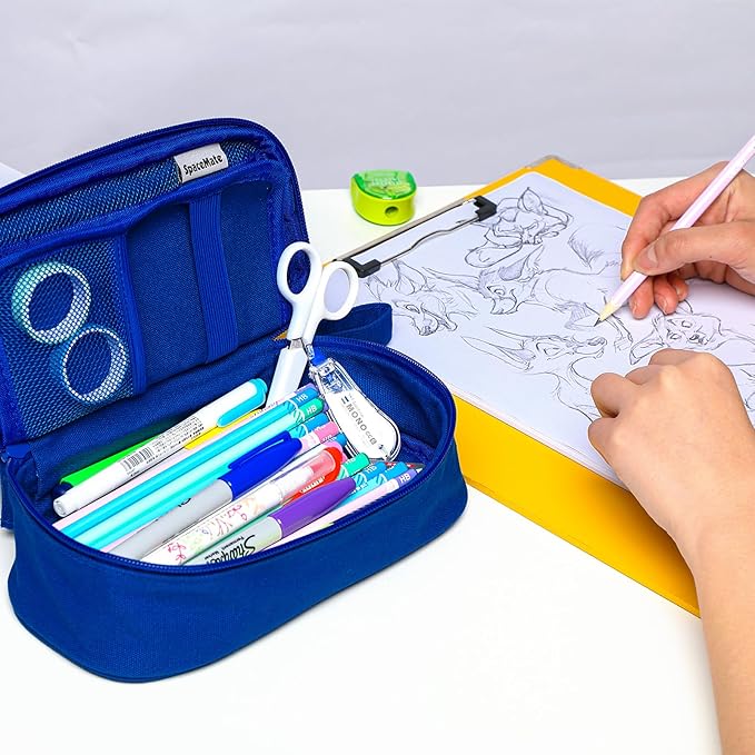 Pencil Case Pouch Box Bag School Supplies Girls Boys Kids, Cute Preppy Stuff Large Big Capacity Aesthetic Pen Organizer, Back to College Stationary, Sapphire Blue, Heavy Duty Canvas, 1800ml