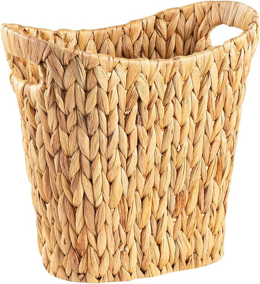 FairyHaus Wicker Trash Can with Handles, Natural Water Hyacinth Wicker Waste Basket, Handwoven Wicker Trash Basket for Bathroom Bedrooms, 13" L x 7.5" W x 12.2" H