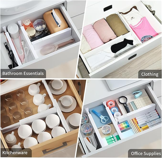 5 Pack Drawer Dividers 3.8" Slim Height Drawer Separators, Non-Slip Plastic Drawer Organizers Expandable 14.6"-25.6" for Shallow Drawers,Kitchen & Clothes Storage, Adjustable Office Drawer Divider