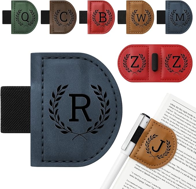 Personalized Bygone Mark Bookmark with Pen Holder,Engraving Leather Magnetic Bookmarks Vintage 26 Letters Name Initials Text Book Marker Clips Gifts for Reading Book Lovers Women (Blue, R)