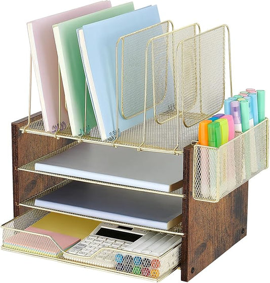 Gold Desk Organizers and Accessories,4-Tier Desktop File Organizer with Drawer, Wood Paper Organizer with 5 Vertical File Holders and Pen Holder for Office Supplies