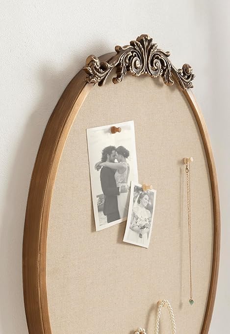 Kate and Laurel Arendahl Decorative Oval Pinboard, 18 x 24, Gold, Framed Round Ornate Vintage Cork Board for Use as Motivational Vision Board or Wall Organizer