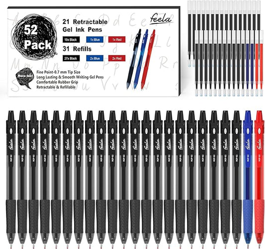 feela 52 Pack Retractable Black Ink Gel Pens, Premium Medium Point Rollerball Pens for School Smooth Writing with Comfort Grip(19 Black with 27 Refills+1 Blue with 2 Refills+1 Red with 2 Refills)