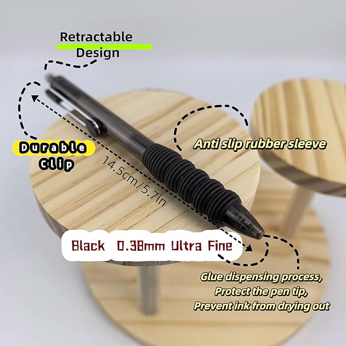 Fengtaiyuan Black Ink, 0.38mm, Retractable Gel Ink Rollerball Pens, Ultra Fine, Comfortable Grip, Easy Hold, Writting Smooth, 12 Pack (BlackZS038P12)