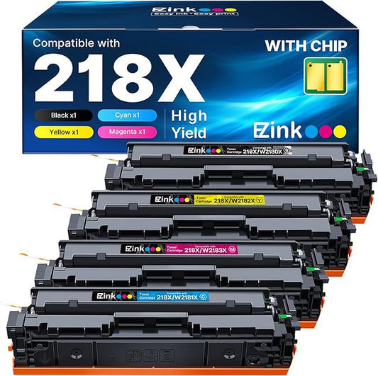 E-Z Ink 218X with Chip Compatible for HP 218X Toner Cartridges 4 Pack 218A Toner for HP Color Laserjet pro MFP 3301fdw Toner 3301cdw 3201dw 3301sdw Printer Ink Set W2180A W2180X (BCMY) ﻿