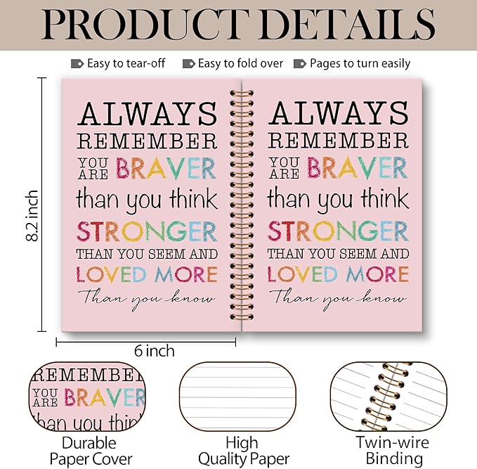 Inspirational Motivational Notebook Journal, Inspirational Gifts Spiral Notebook, You are Brave Motivational Notebooks Gifts for Women, Positive Gifts School Office Supplies, 6x8.2In（Pink）