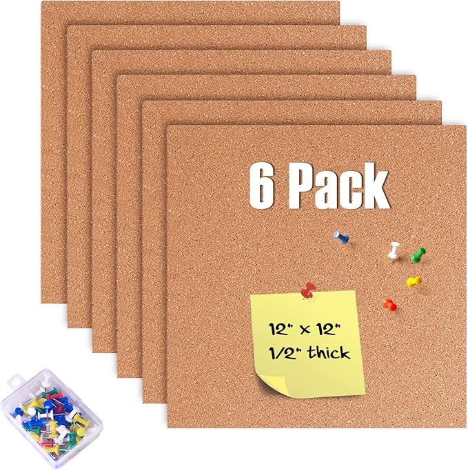 6 Pack Cork Bulletin Board 12 x 12 Inch - 1/2" Thick Cork Board Tiles,Self-Adhesive Frameless Cork Tiles Wall Decor with 50 PCS Pushpins for DIY, Office, School and Home Decor